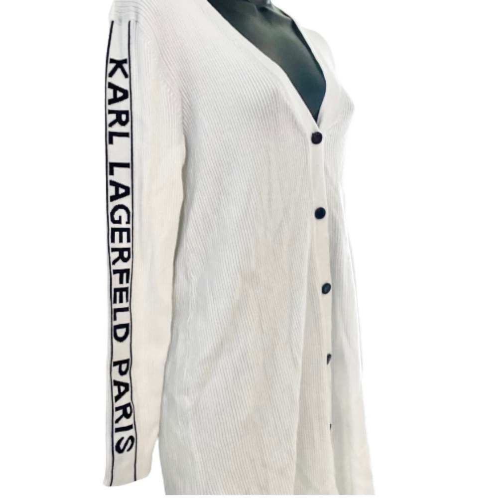 Karl Lagerfeld Paris Long Cardigan Ribbed White/Black Sweater Side Arm Logo XS - Picture 4 of 8